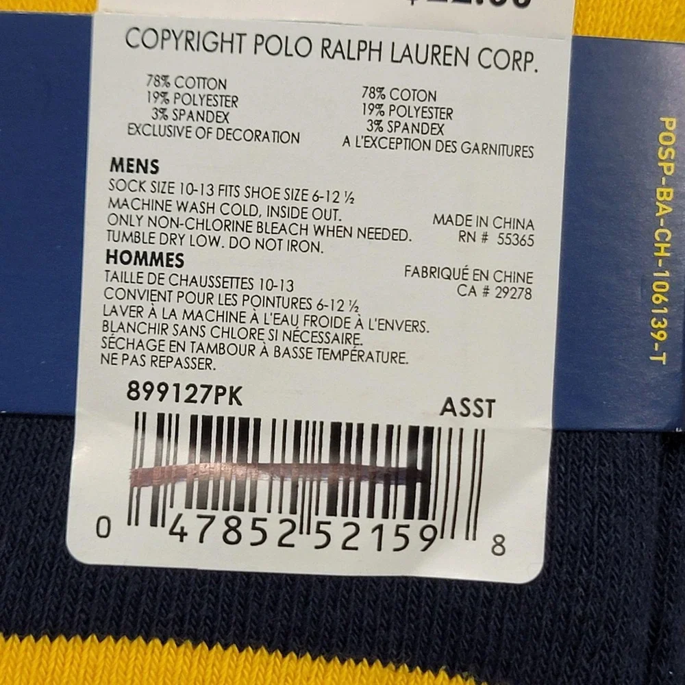 Polo Ralph Lauren Socks Mens 10-13 Blue Yellow Rugby Stripe Crew 2 Pairs